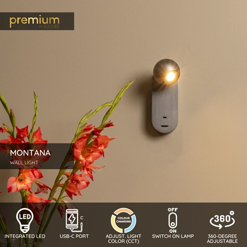 Lucide MONTANA - Wall light - LED - CCT - 1x6,3W 2700K/4000K - With USB charging point - Grey iron | Premium - USP